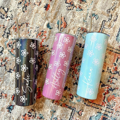 Personalized Floral Glitter Tumbler with Straw Stainless Steel Cup