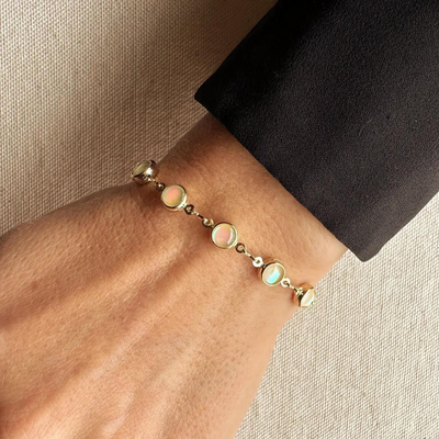 Discover elegance with our 18k Gold Filled Rounded Opal Bracelet, showcasing stunning opal stones set in a delicate gold design. Perfect for any occasion, this bracelet adds a touch of sophistication and charm to your look.