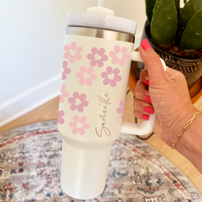 Personalized Lovebomb Flowers 40 oz Tumbler with Handle & Straw